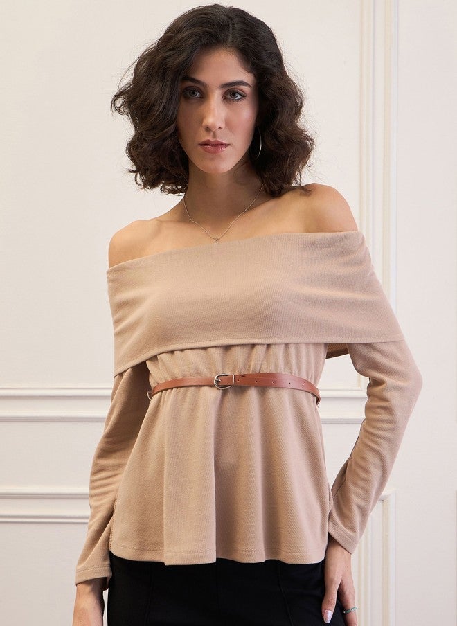 SASSAFRAS Beige Off-Shoulder Belted Peplum Top for Women - Image 1