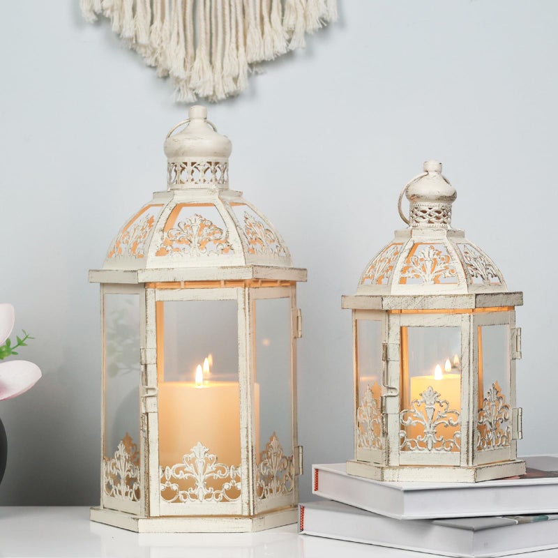 Lanterns Decorative OutdoorIndoor Set of 2 1511 Beige Metal Lantern Decor with Glass Candle Holder for Porch Patio Garden Fall Wedding Christmas Table Centerpiece