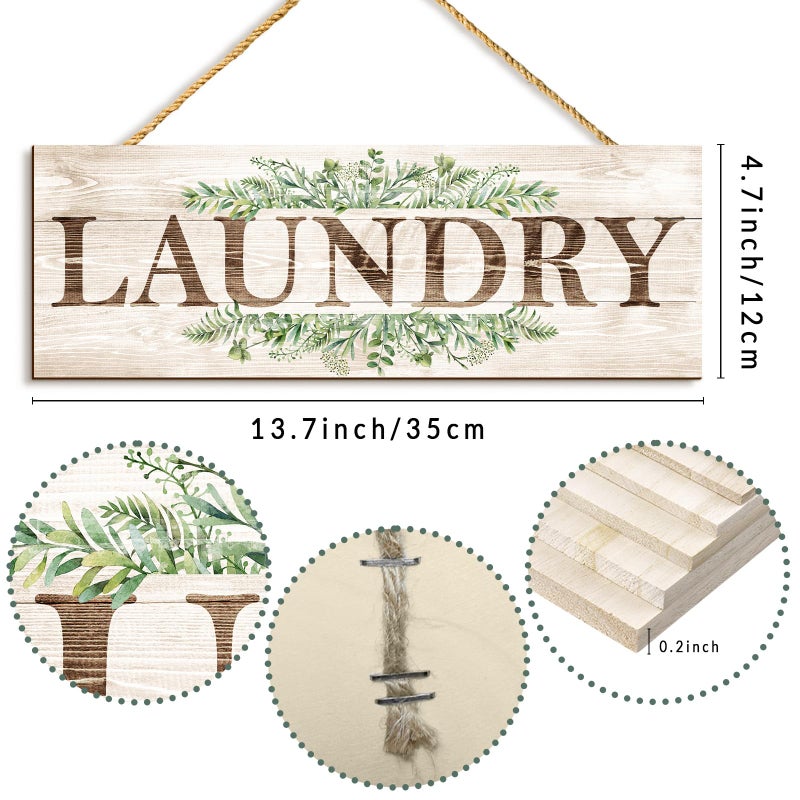 VGICH Laundry Sign Wall Decor, Laundry Wall Art with Plant Print, Rustic Farmhouse Wall Hanging Wooden Plaque for Home Decorative (Laundry), 4.7 x 13.7 inches - Image 2