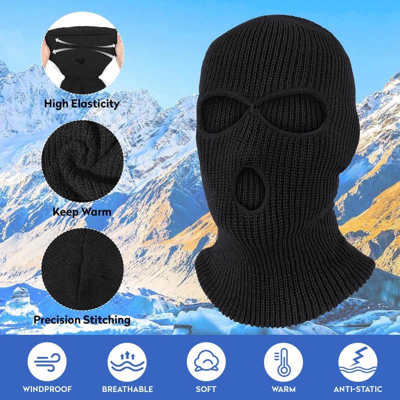 Pukavt 2 Pack 3 Hole Winter Knitted Mask, Full Face Cover Ski Mask Warm Balaclava for Skiing, Motorcycle, Snowboard Black/Black - Image 3