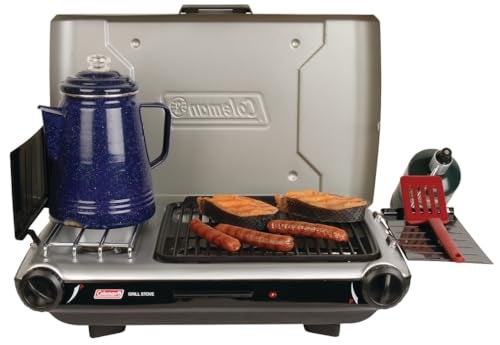 Coleman Tabletop 2in1 Grill Stove with 2 Adjustable Burners Propane GrillStove with PushButton Starter Wind Guards Grease Tray 20000 BTUs of Power for Camping Tailgating More - Image 1