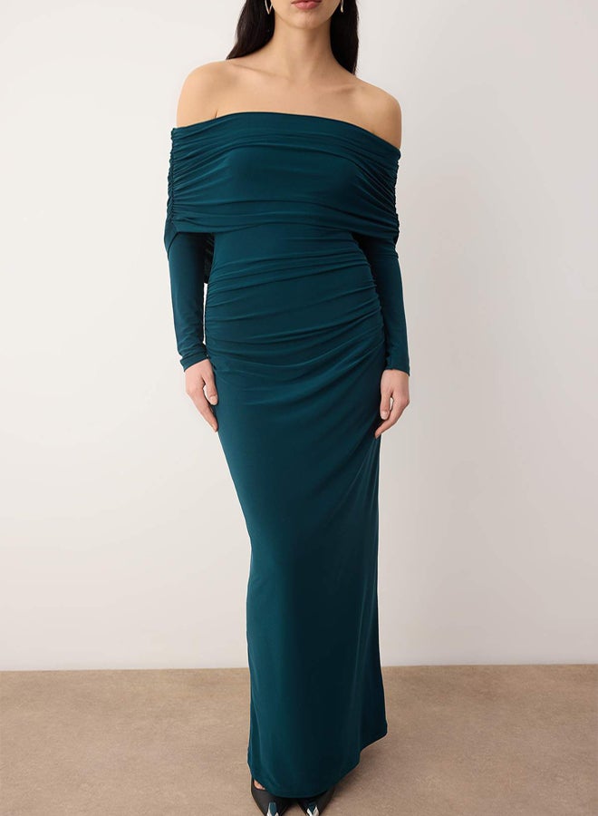 trendyol Limited Edition Petrol Shirred Carmen Neckline Stretchy Maxi Knitted Dress - Image 3