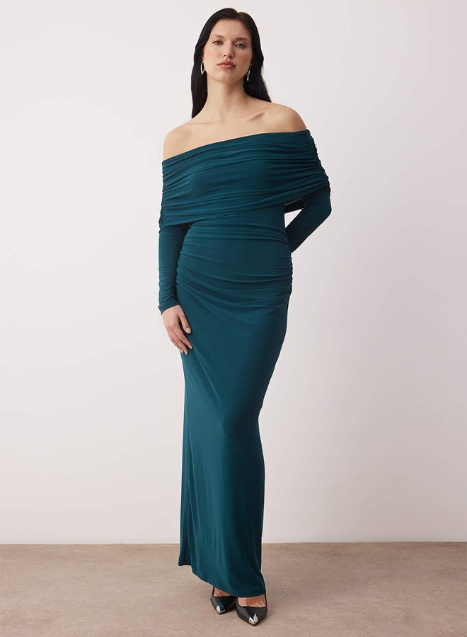 trendyol Limited Edition Petrol Shirred Carmen Neckline Stretchy Maxi Knitted Dress - Image 1
