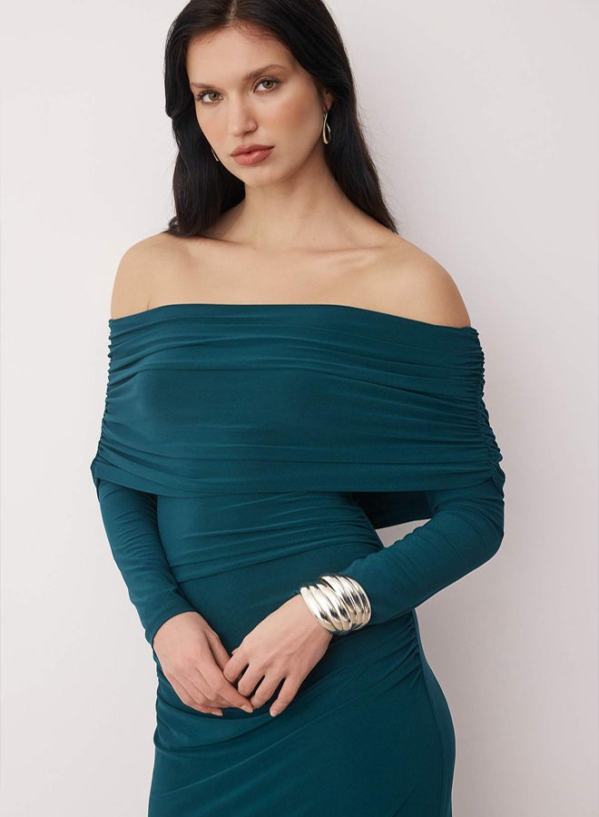 trendyol Limited Edition Petrol Shirred Carmen Neckline Stretchy Maxi Knitted Dress - Image 2