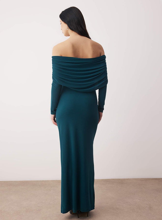 trendyol Limited Edition Petrol Shirred Carmen Neckline Stretchy Maxi Knitted Dress - Image 4