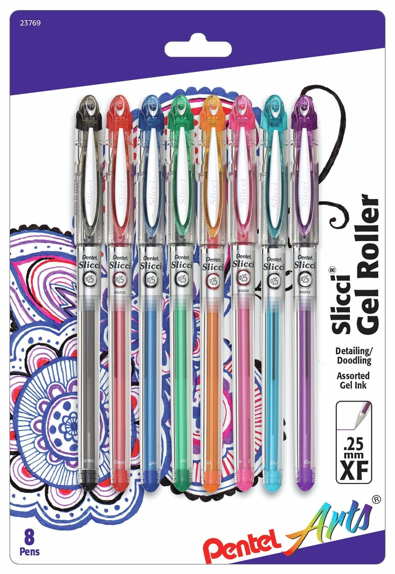 Pentel قلم جل بينتل آرتس سليكسي 0.25 مم دقيق جداً، حبر متنوع، 8 عبوات (BG202BP8M) - Image 1