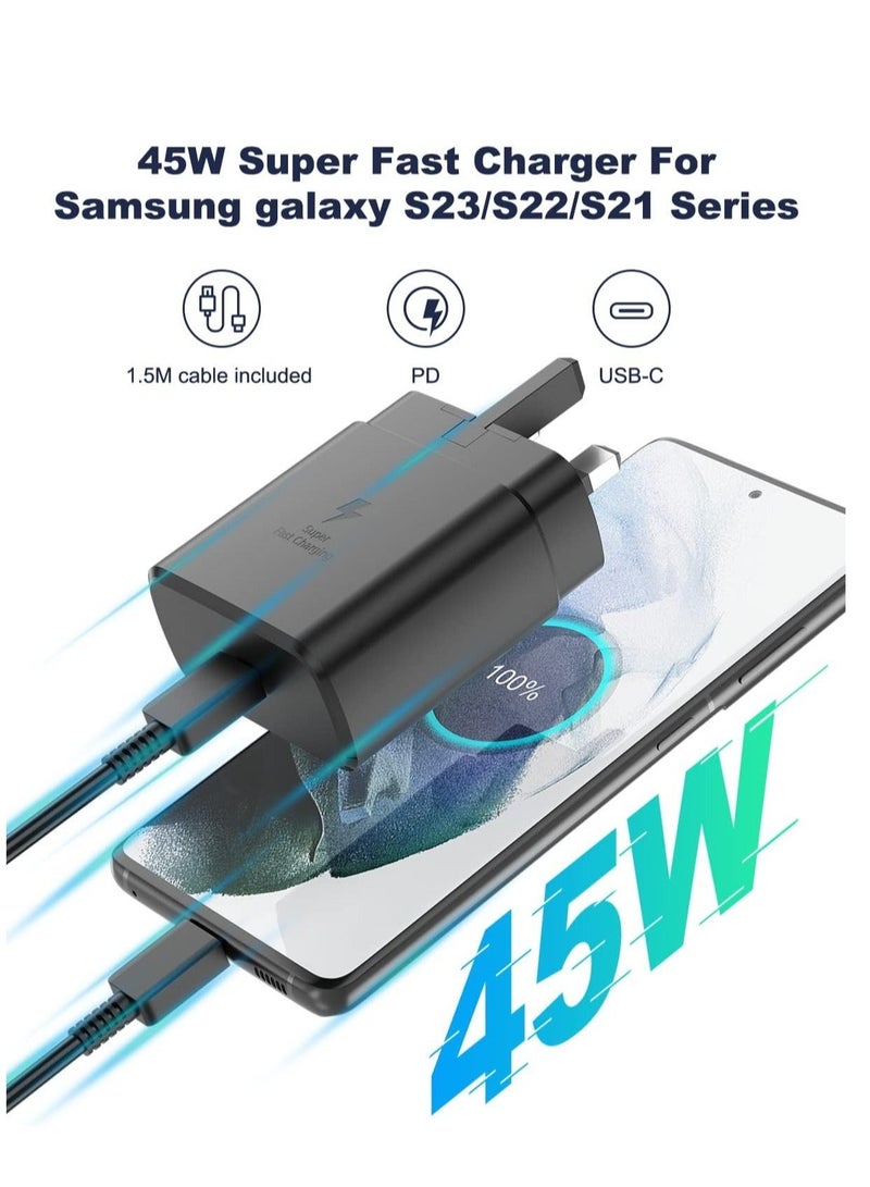 MUNTAQI Compatible for 45W Samsung Charger Plug with 1.5M Cable for Samsung Galaxy S23/S23+/S23Ultra S22/S22+/S22Ultra S21/S21+/S21Ultra S20 A33,A72,A71,A53,A52,A51,A50,M33, UK Wall USB C Power Adapter - Image 2