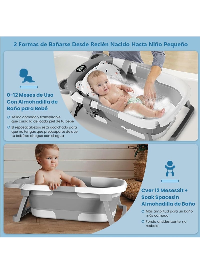 Gonice Gonice Folding Baby Bathtub, Baby Bath Tub with Non-Slip Cushion and Temperature Display, Portable Travel Bathtub for Newborn (Gray)  - Image 3
