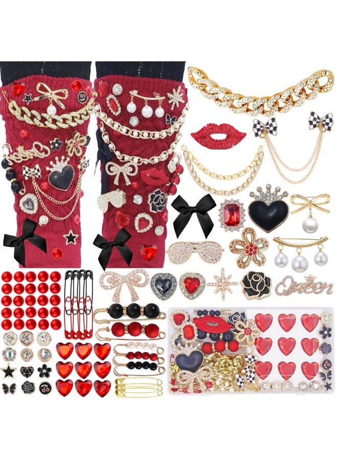 RoedCuoo 98 Pcs Junk Socks Charms Kit, Brooches and Pins for Women,ShoeCharms with Bows,Sneakers DIY Kit with Pearls Rhinestones Chains,DIY Accessories for Decorating and Personalizing Socks,Hat Clothes - Image 1