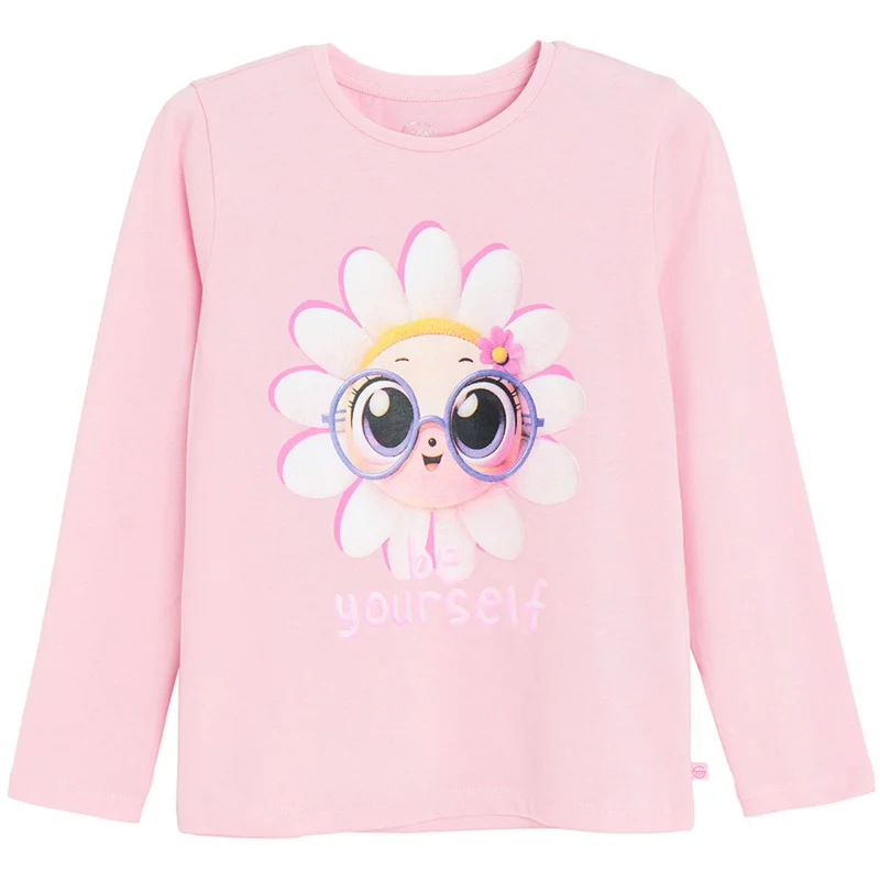 Cool Club تي شيرت قطن وردي بأكمام طويلة