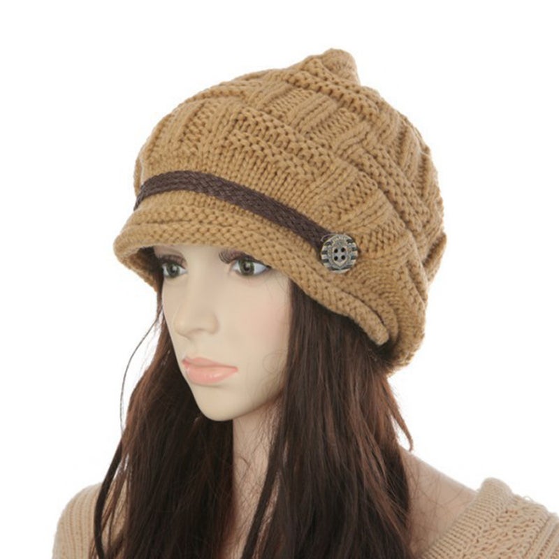 Women Winter Knitted Braided Beanie Hats Cabled Checker Pattern Hat Beret Slouchy Button Leather Belt Cap - Image 4