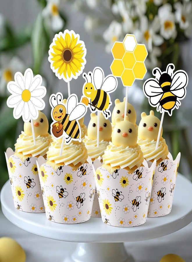 Widecook 96 Pcs Bee Daisy Cupcake Toppers and Wrappers Honey Bee Yellow Cupcake Picks and Liners Cake Decorations for Baby Shower, Summer Birthday Party Supplies - Image 3