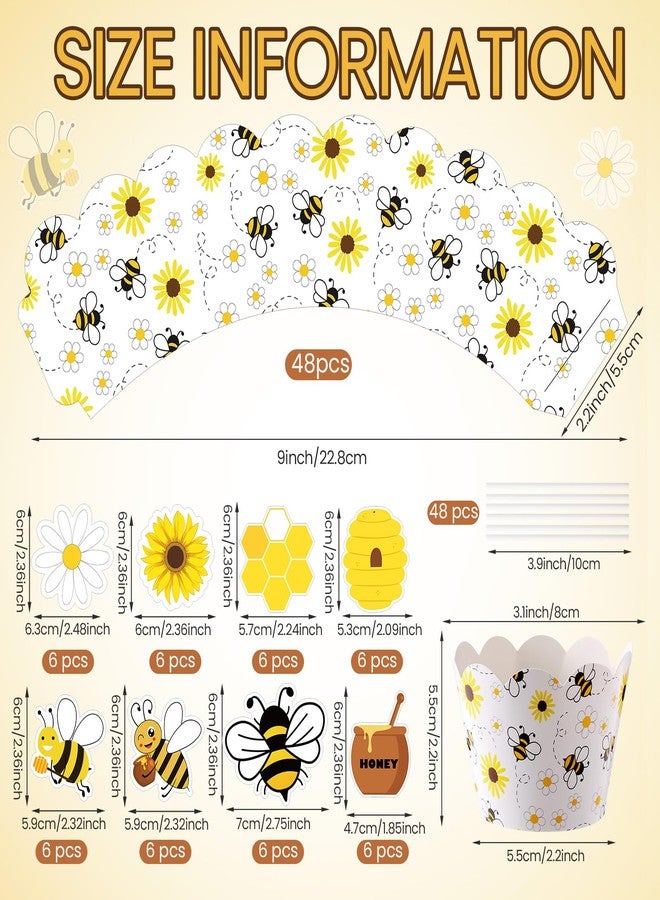 Widecook 96 Pcs Bee Daisy Cupcake Toppers and Wrappers Honey Bee Yellow Cupcake Picks and Liners Cake Decorations for Baby Shower, Summer Birthday Party Supplies - Image 2