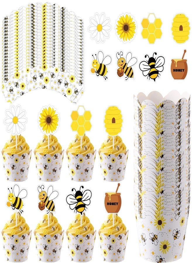 Widecook 96 Pcs Bee Daisy Cupcake Toppers and Wrappers Honey Bee Yellow Cupcake Picks and Liners Cake Decorations for Baby Shower, Summer Birthday Party Supplies - Image 1