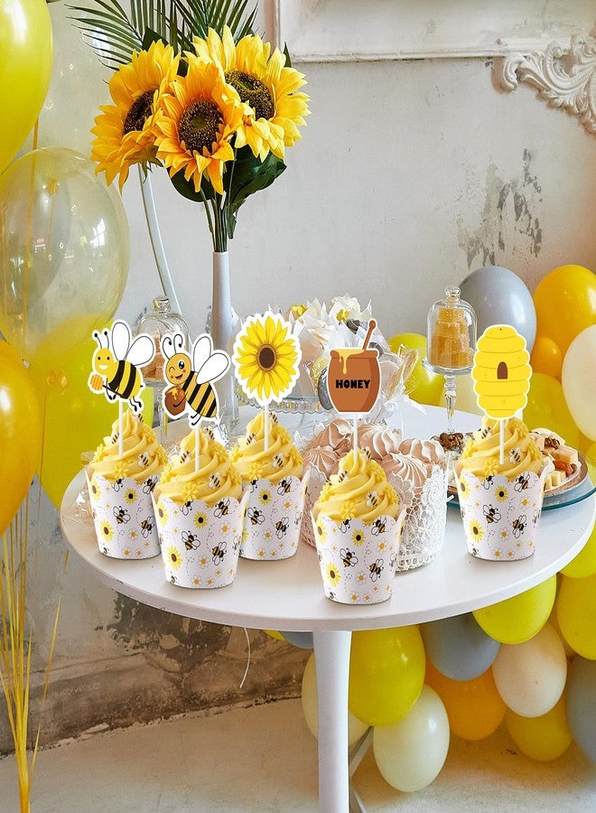 Widecook 96 Pcs Bee Daisy Cupcake Toppers and Wrappers Honey Bee Yellow Cupcake Picks and Liners Cake Decorations for Baby Shower, Summer Birthday Party Supplies - Image 4