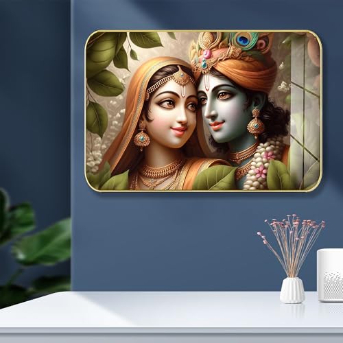 Masstone Radha Krishna Crystal Embedded High Gloss Wall Painting, Golden Slim Frame, 45x30 Cm Wall Art for Living Room, Bedroom, Office & Home Décor (CRG29) - Image 1