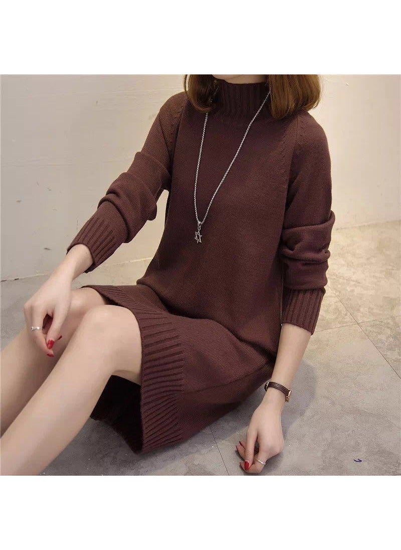 Generic Womens Loose-Fit Half Polo Turtle Neck Sweater Medium-Length Base Layer Top Knitted Pullover Autumn Collection 2024 New Style Brown  - Image 1