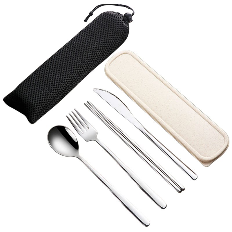 VANRA VANRA 4Piece Portable Travel Utensils Set with Case 188 Stainless Steel Flatware Set Reusable Cutlery Set with Fork Spoon Knife Chopstick for Lunch Travel Camping School Work Picnic Silver