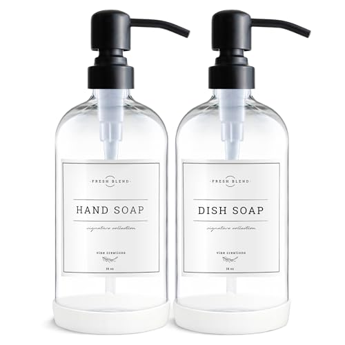 Vine Creations Clear Glass Soap Dispenser, 2 Pack Kitchen Soap Dispenser Set with Stainless Steel Pump, 16 oz Dish Soap and Hand Soap Dispensers for Bathroom with Waterproof Labels - Image 1