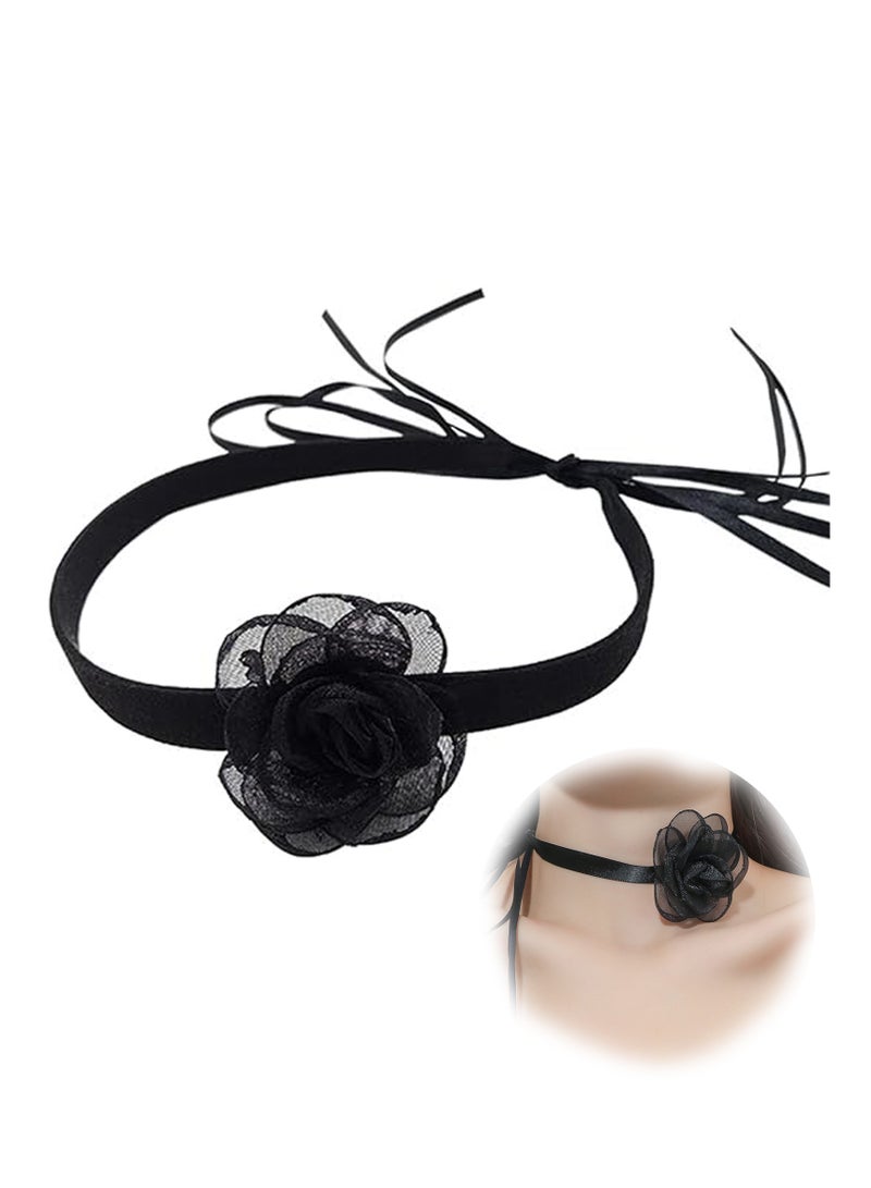 3 Pcs Lace-up Tie Choke Satin Ribbon Choker Necklace with Organza Flower for Women Girls  - Image 4