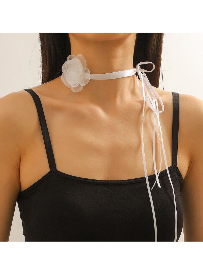3 Pcs Lace-up Tie Choke Satin Ribbon Choker Necklace with Organza Flower for Women Girls  - Image 2
