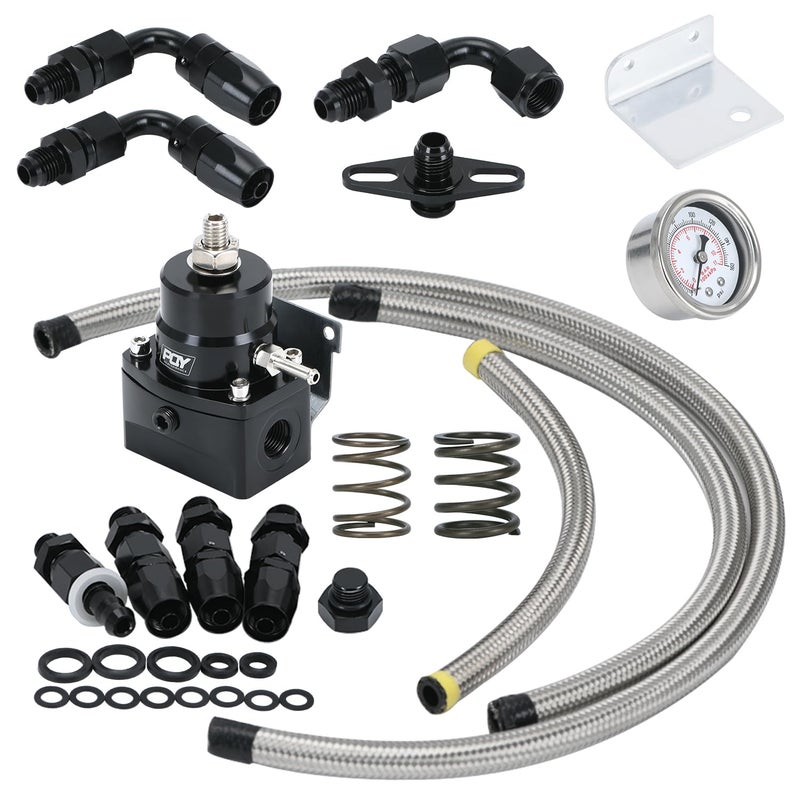 طقم منظم ضغط الوقود القابل للتعديل PQY 370PSI مع منفذ إرجاع 6AN ومنفذ تغذية 6AN مع خراطيم موصلات الوقود AN66AN باللون الأسود