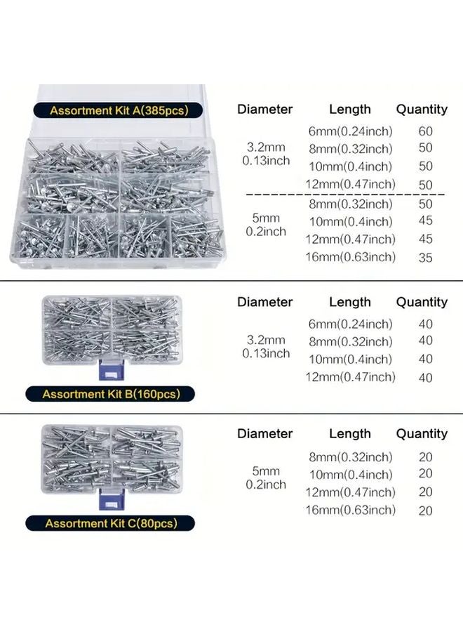 385 Pcs Pop Rivets Assortment Kit Aluminum Blind Rivets Set in 8 Sizes with Organizer - Image 5