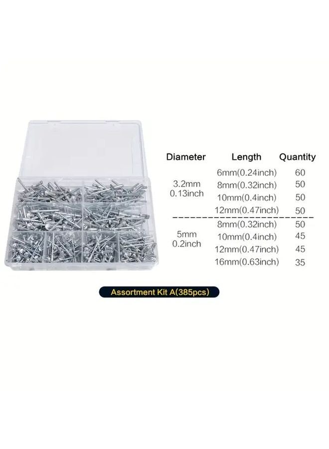385 Pcs Pop Rivets Assortment Kit Aluminum Blind Rivets Set in 8 Sizes with Organizer - Image 1