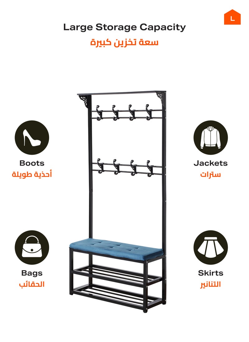 LAWAZIM - 3 Layer Shoes Rack and Coat Hanger with Cushion - Black/Blue - Shoe Rack with Coat Hanger and Top Shelf - For Shoes, Bags, and Coats - Steel Pipe Frame, 9 Hooks, Anti-Slip Feet, Space-Saving - Image 1
