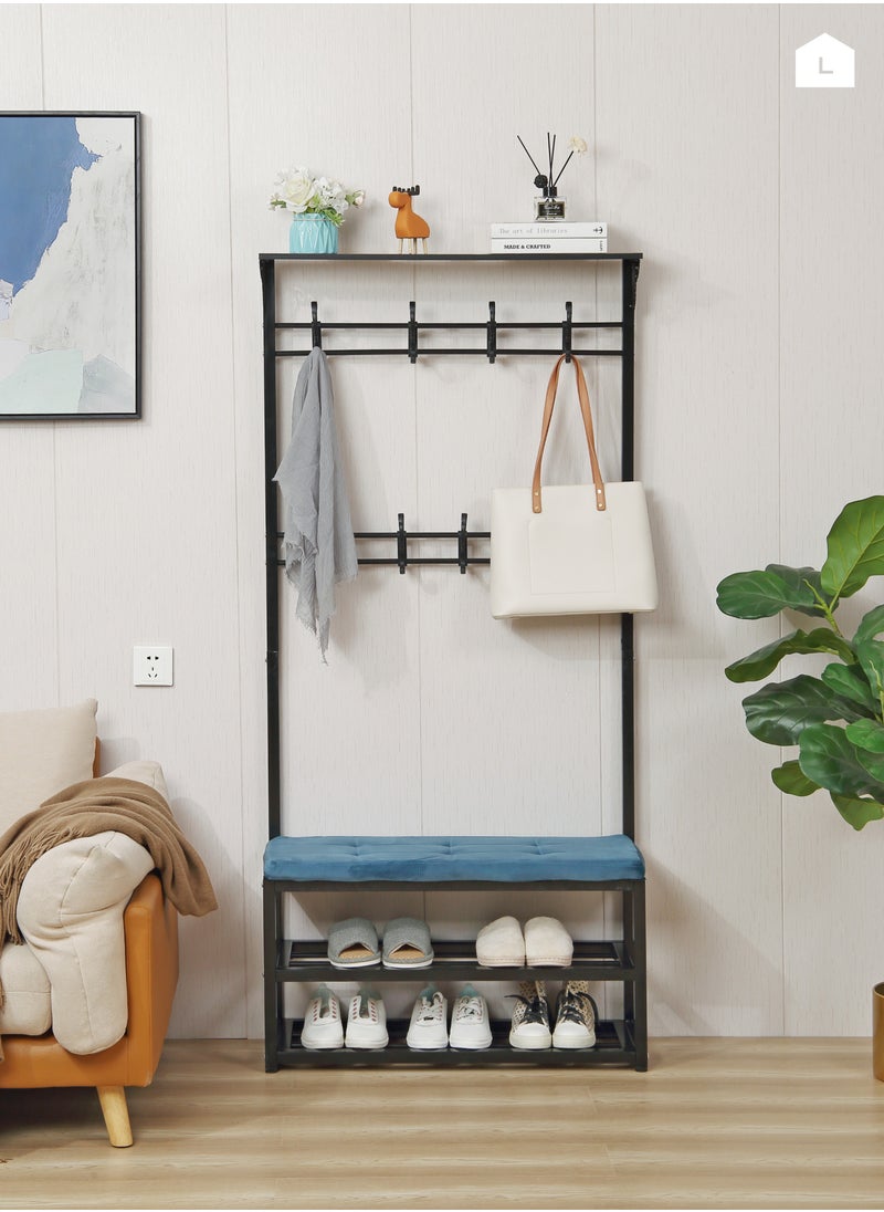 LAWAZIM - 3 Layer Shoes Rack and Coat Hanger with Cushion - Black/Blue - Shoe Rack with Coat Hanger and Top Shelf - For Shoes, Bags, and Coats - Steel Pipe Frame, 9 Hooks, Anti-Slip Feet, Space-Saving - Image 1