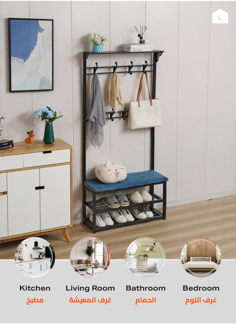 LAWAZIM - 3 Layer Shoes Rack and Coat Hanger with Cushion - Black/Blue - Shoe Rack with Coat Hanger and Top Shelf - For Shoes, Bags, and Coats - Steel Pipe Frame, 9 Hooks, Anti-Slip Feet, Space-Saving - Image 1