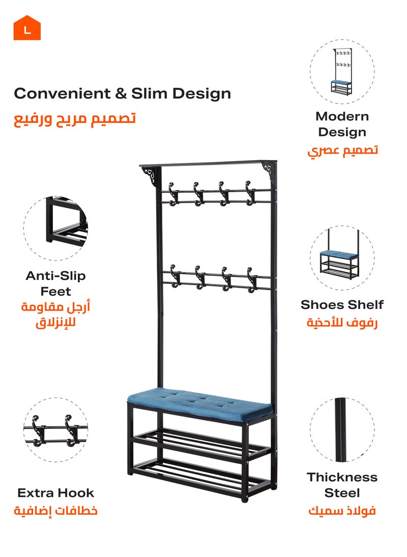 LAWAZIM - 3 Layer Shoes Rack and Coat Hanger with Cushion - Black/Blue - Shoe Rack with Coat Hanger and Top Shelf - For Shoes, Bags, and Coats - Steel Pipe Frame, 9 Hooks, Anti-Slip Feet, Space-Saving - Image 1