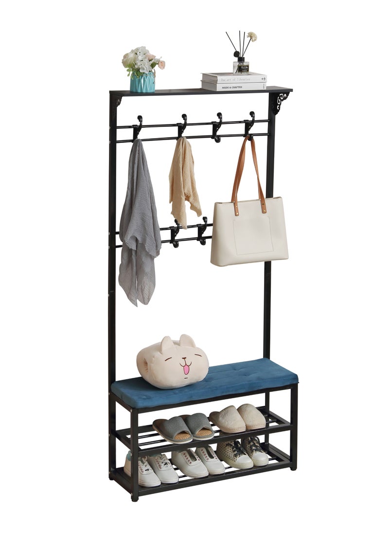LAWAZIM - 3 Layer Shoes Rack and Coat Hanger with Cushion - Black/Blue - Shoe Rack with Coat Hanger and Top Shelf - For Shoes, Bags, and Coats - Steel Pipe Frame, 9 Hooks, Anti-Slip Feet, Space-Saving - Image 1