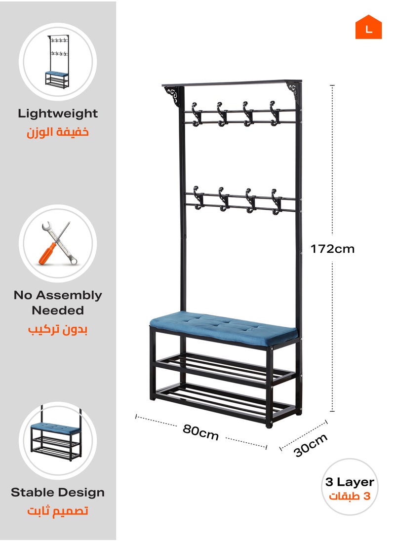 LAWAZIM - 3 Layer Shoes Rack and Coat Hanger with Cushion - Black/Blue - Shoe Rack with Coat Hanger and Top Shelf - For Shoes, Bags, and Coats - Steel Pipe Frame, 9 Hooks, Anti-Slip Feet, Space-Saving - Image 1