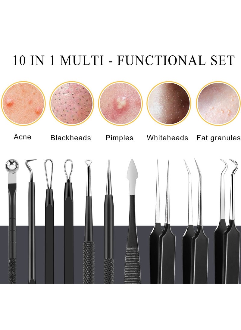 Pimple Popper Tool Kit, 10Pcs Blackhead Remover Comedone Extractor Tweezers Kit with Metal Case for Quick and Easy Removal of Pimples, Blackheads, Zit Removing, Forehead, Facial Nose Black