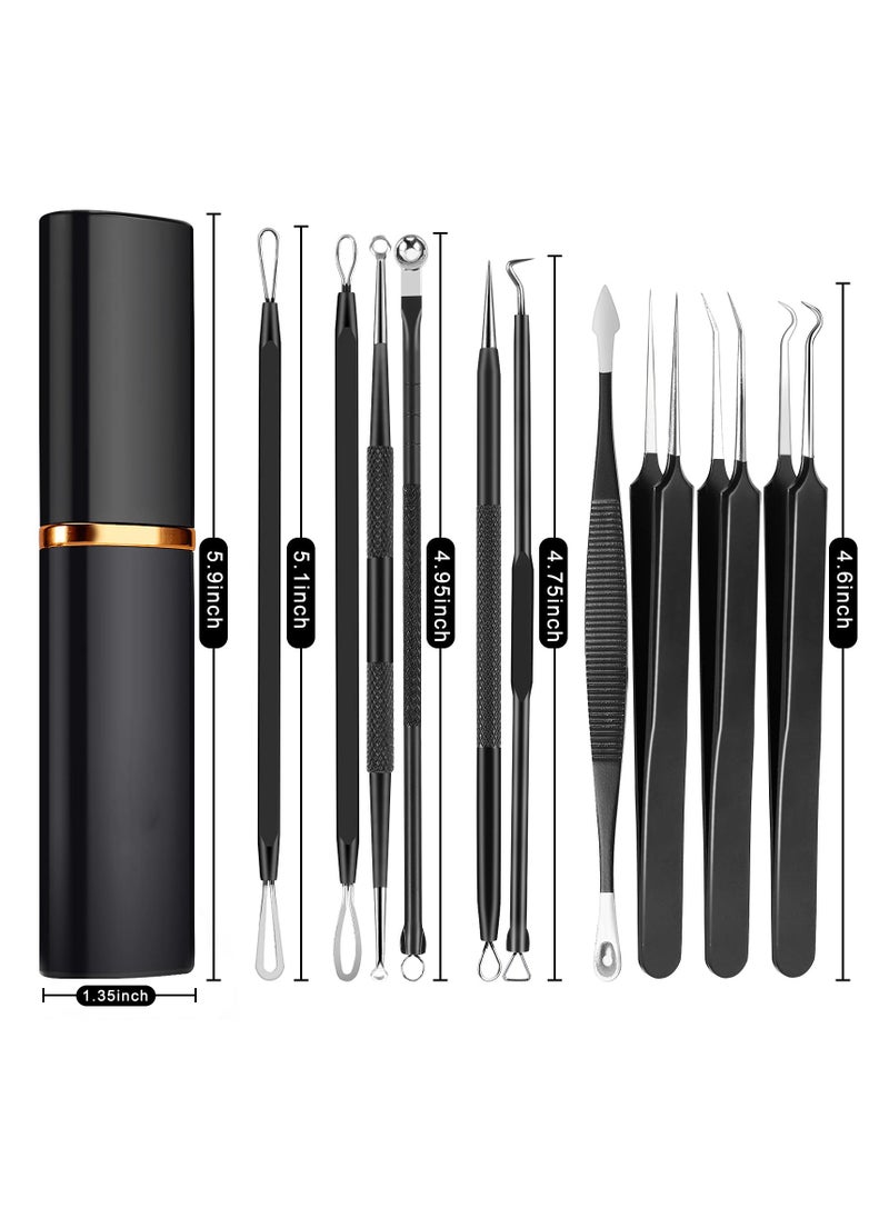Pimple Popper Tool Kit, 10Pcs Blackhead Remover Comedone Extractor Tweezers Kit with Metal Case for Quick and Easy Removal of Pimples, Blackheads, Zit Removing, Forehead, Facial Nose Black