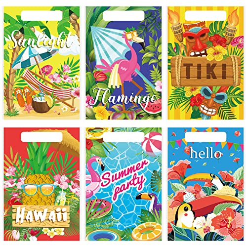 Perthlin 150 Pieces Luau Hawaiian Gift Bags for Kids Summer Tropical Party Favor Hawaiian Goodie Aloha Flamingo Plastic Treat Bags with Handles for Summer Goody Gift Party Supplies 6 Styles - Image 2