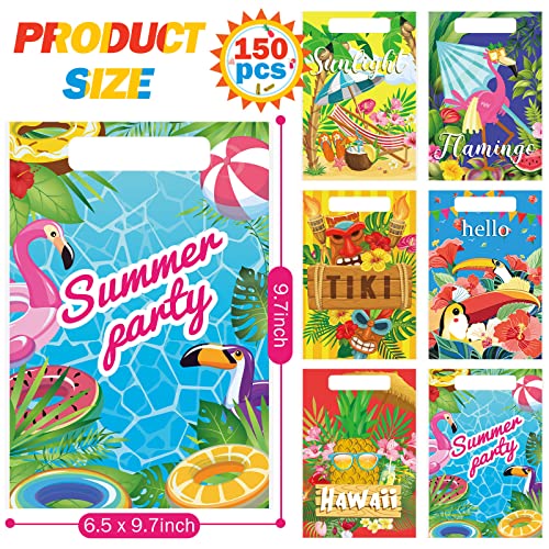 Perthlin 150 Pieces Luau Hawaiian Gift Bags for Kids Summer Tropical Party Favor Hawaiian Goodie Aloha Flamingo Plastic Treat Bags with Handles for Summer Goody Gift Party Supplies 6 Styles - Image 5