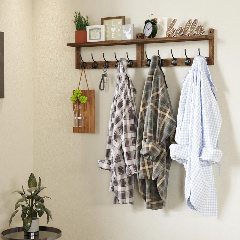 AMBIRD 34.2 inch Wooden Extra-Long Wall Hook Rack with Shelf - Versatile and Decorative Wall-Mounted Storage - 10 Hooks for Hanging Coats, Hats, Scarves - Ideal for Entryways, Bedrooms, Closets - Image 4