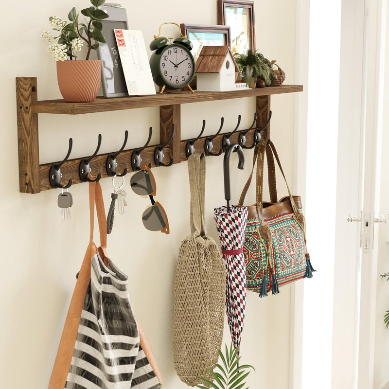 AMBIRD 34.2 inch Wooden Extra-Long Wall Hook Rack with Shelf - Versatile and Decorative Wall-Mounted Storage - 10 Hooks for Hanging Coats, Hats, Scarves - Ideal for Entryways, Bedrooms, Closets - Image 2