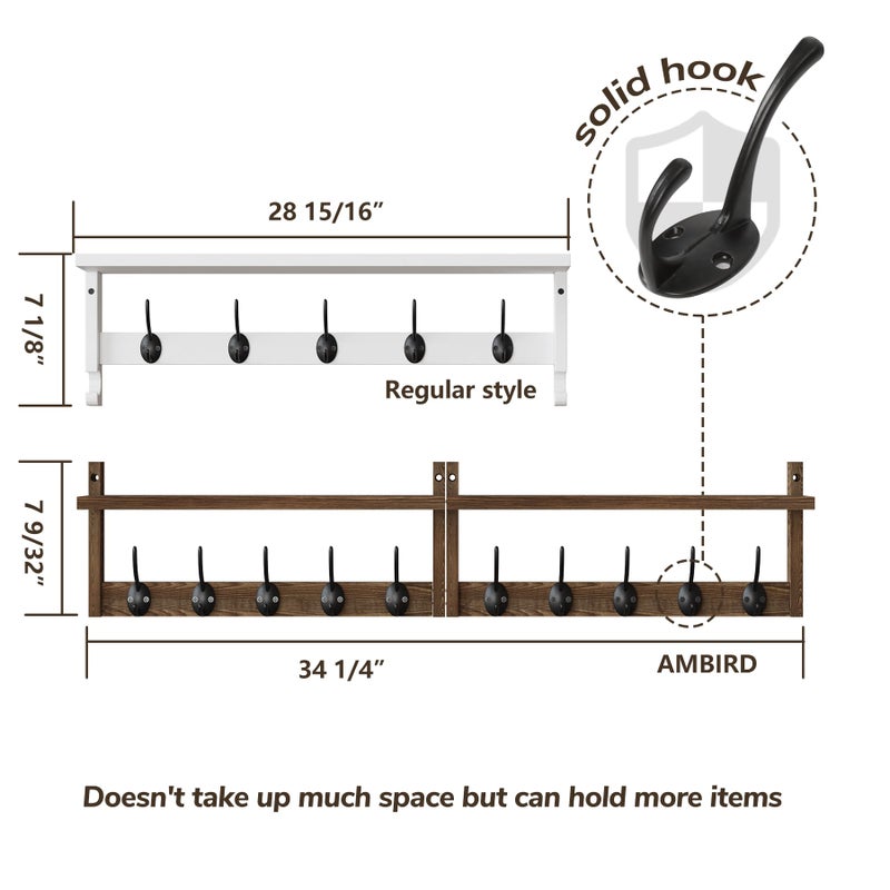 AMBIRD 34.2 inch Wooden Extra-Long Wall Hook Rack with Shelf - Versatile and Decorative Wall-Mounted Storage - 10 Hooks for Hanging Coats, Hats, Scarves - Ideal for Entryways, Bedrooms, Closets - Image 5
