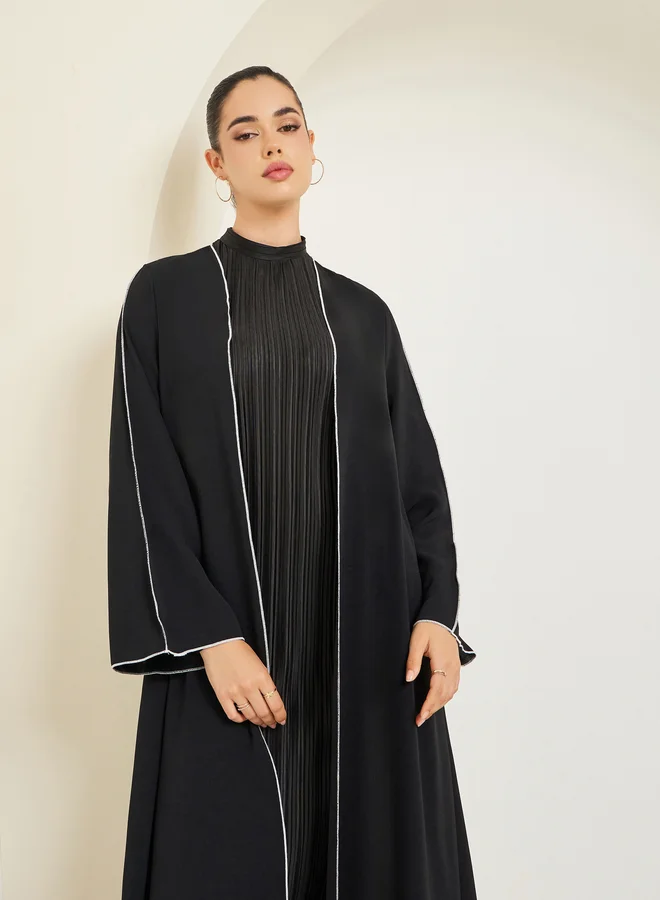 Amirah Women Black Front Open Abaya with Contrast Piping