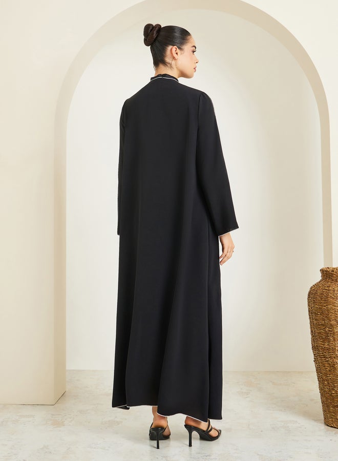 Amirah Women Black Front Open Abaya with Contrast Piping - Image 4