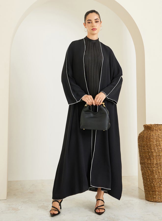 Amirah Women Black Front Open Abaya with Contrast Piping - Image 1