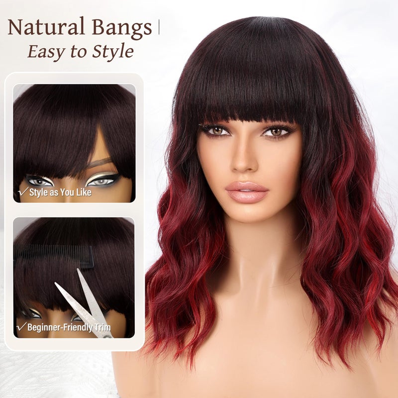 Nnzes Ombre Red Wig with Bangs for Women Bob Wavy Synthetic Wigs with Natural Shoulder Length Curly Heat Resistant Hair for Daily Party Use - Image 2