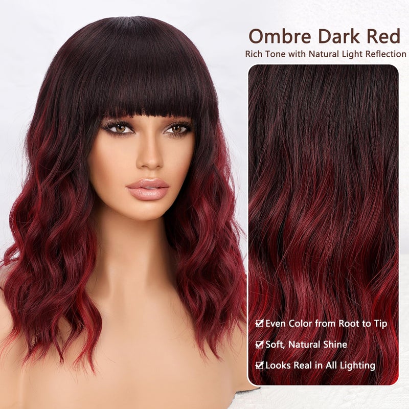 Nnzes Ombre Red Wig with Bangs for Women Bob Wavy Synthetic Wigs with Natural Shoulder Length Curly Heat Resistant Hair for Daily Party Use - Image 3