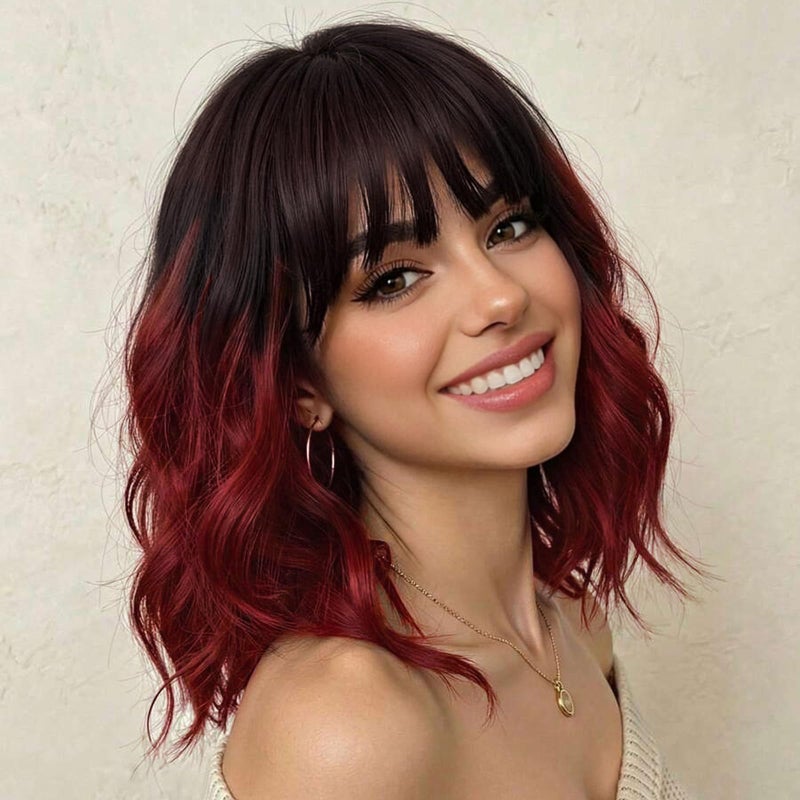 Nnzes Ombre Red Wig with Bangs for Women Bob Wavy Synthetic Wigs with Natural Shoulder Length Curly Heat Resistant Hair for Daily Party Use - Image 1