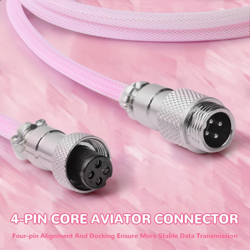MAMBASNAKE كابل MAMBASNAKE الملفوف من نوع USB C لوحة مفاتيح الألعاب مع إضاءة RGB، مضفر من النايلون مع قابس طيران 4 دبابيس قابل للفصل، نوع C فائق السرعة بمعدل عودة 8 كيلوهرتز، طول 4.92 قدم (C01 ULTIMATE/أبيض وردي) - Image 5