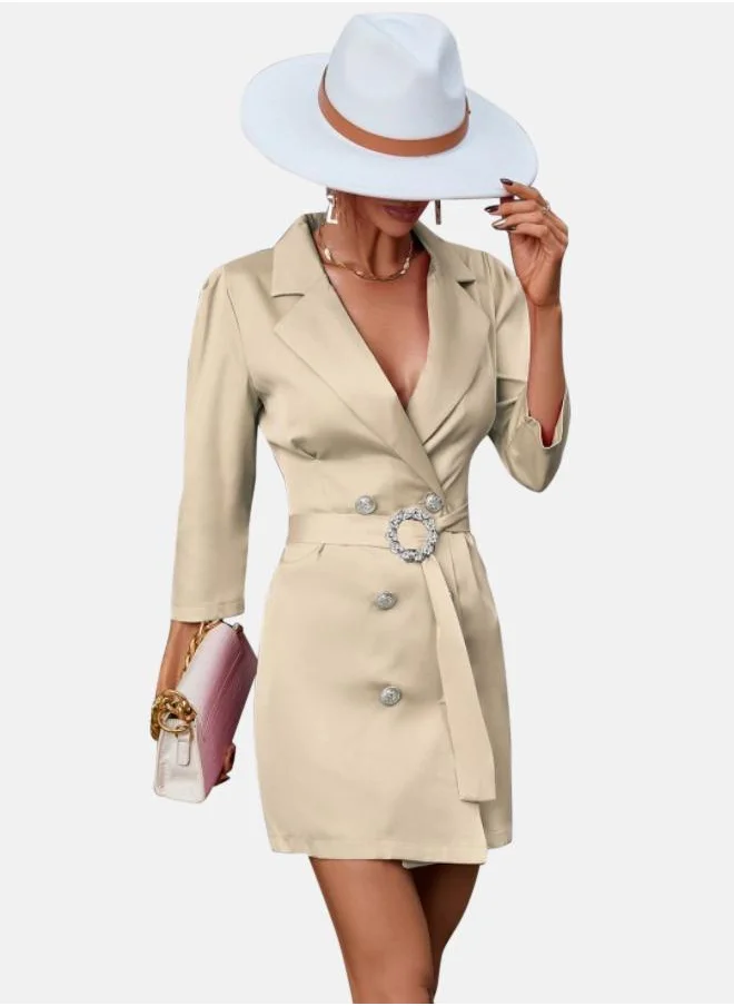 YUNIQEE Beige Cuban Collar Mini Blazer Dresses