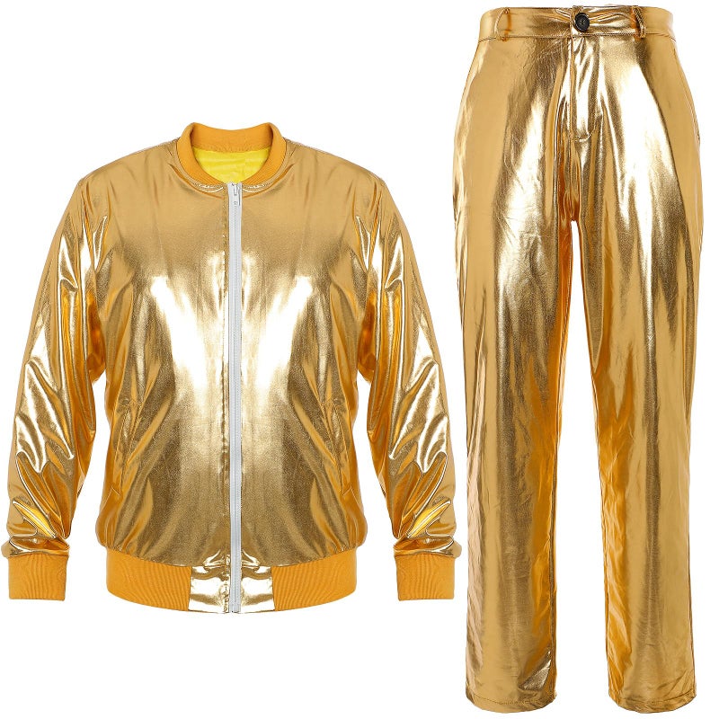 Halfchet Men's Metallic Jacket and Pants Set Jacket Men Straight Leg Trousers Costume for Men Disco Cosplay Party (Gold,X-Large) - Image 1